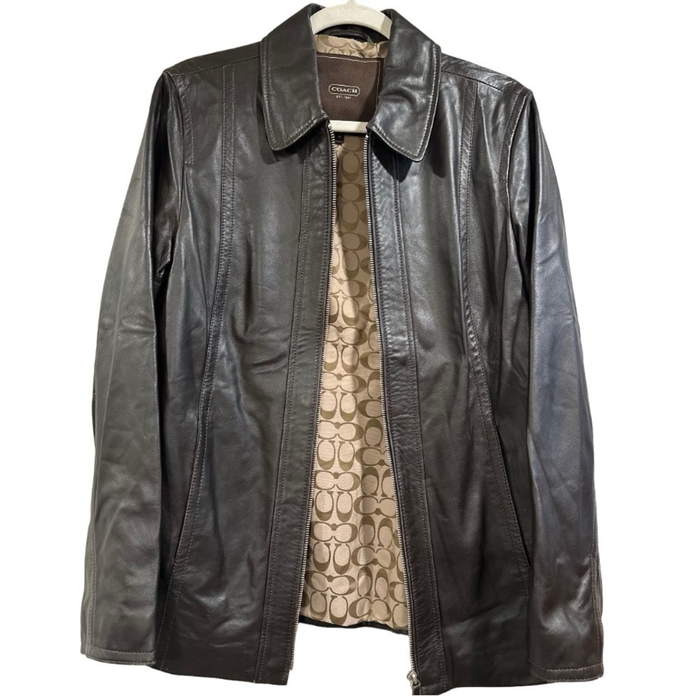 COACH Vintage DarkBrown Soft Leather Zip Jacket 2 Pockets Signature C Lining EUC - Picture 4 of 16